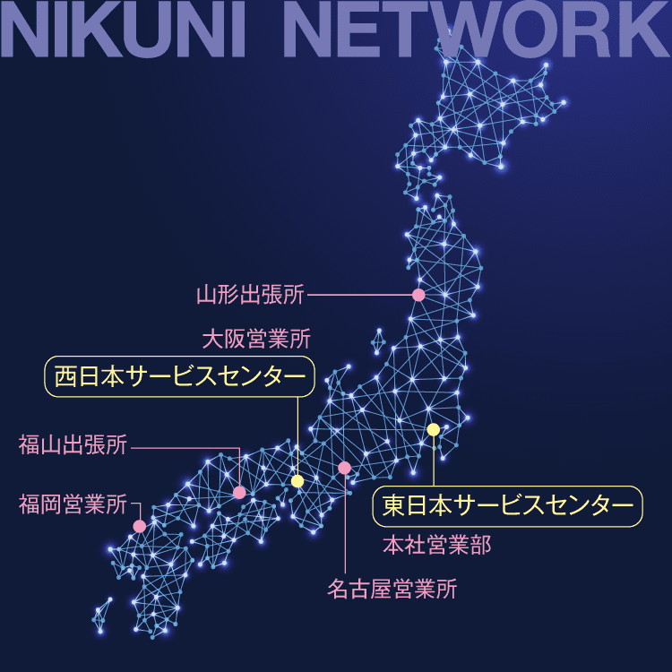 NIKUNI NETWORK：山形出張所、東日本サービスセンター（本社営業部）、西日本サービスセンター（大阪営業所）、名古屋営業所、福岡営業所、福山出張所